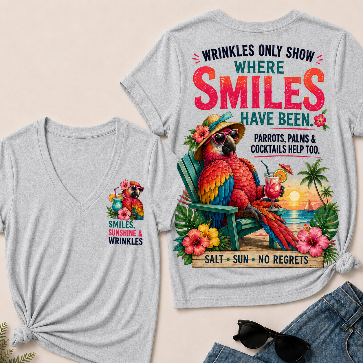 Wrinkles Only Show Where Smiles Have Been Funny Retirement V-Neck Tee For Women – Tropical Parrot Beach Vacation Graphic V-Neck Tee